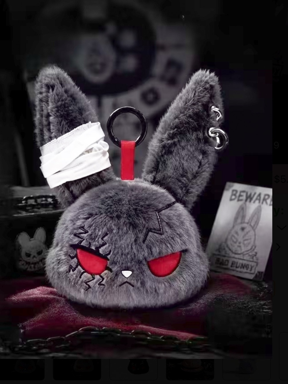 Plush Angry Bunny Keychain Bag Charm – Gray